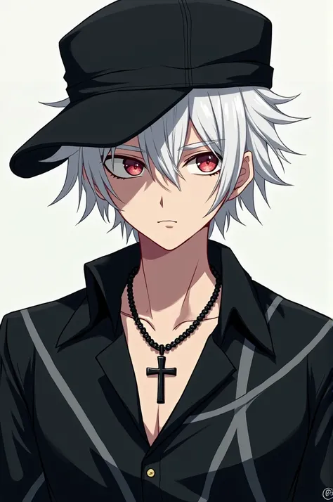 Create a male anime with white hair, a black cap pulled to the side, and a black shirt with gray lines with a cross necklace.