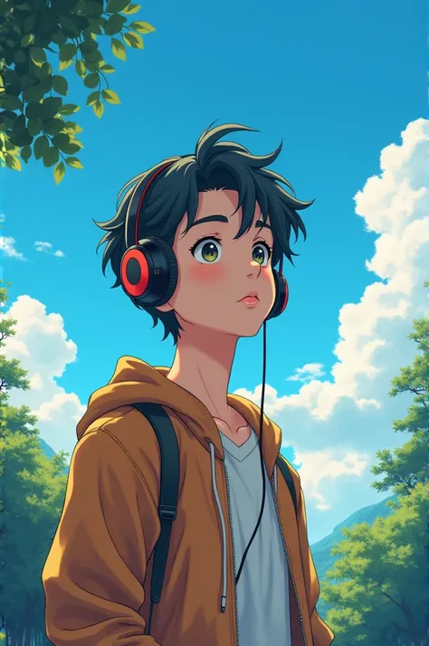 A 22 years  boy wearing headphone, fair, cute, in the Blue sky and Beautiful Nature, refreshing atmosphere, anime style, fashionable, lo-fi A boy wearing headphone, fair, cute, in HerRoom, refreshing atmosphere, anime style, fashionable, lo-fi A boy wearin...