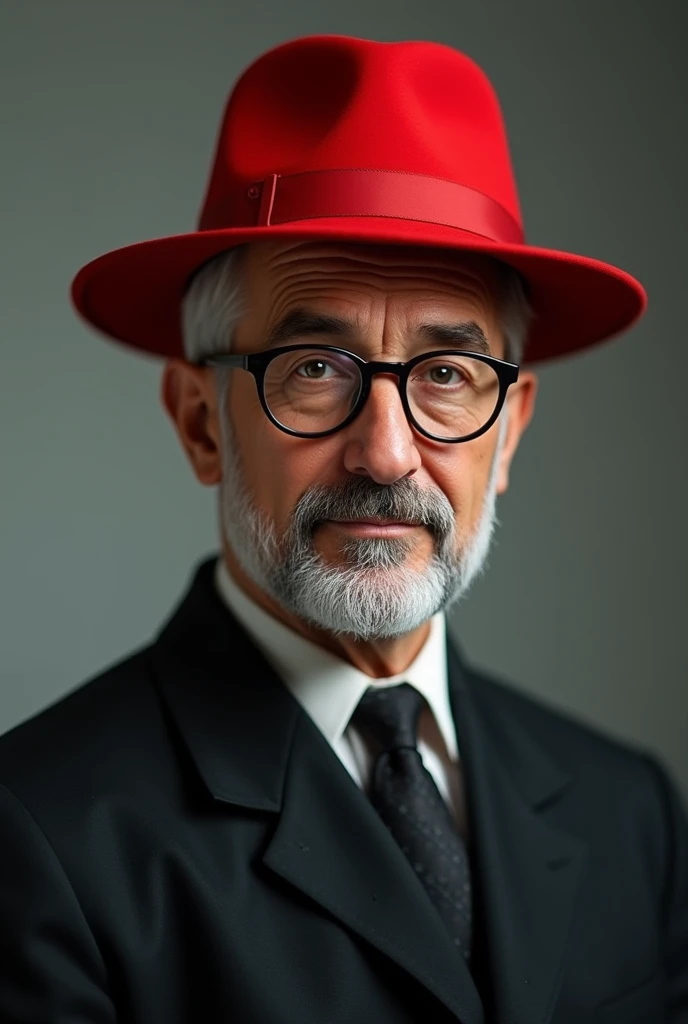 Make an adult man in a black suit and short straight hair with little gray bangs, wearing a red bucket hat, gray beard, make the old man wear square glasses