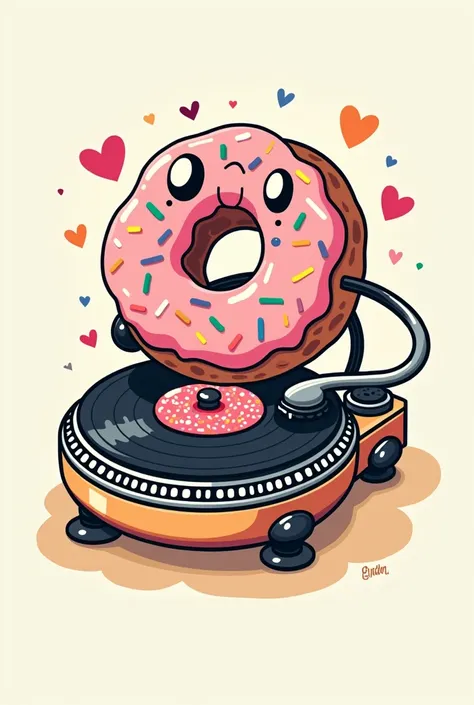 Create a logo, the drawing must have a turntable playing a donut with colored sprinkles and it must say " you give him hits " It refers to a bakery with music 