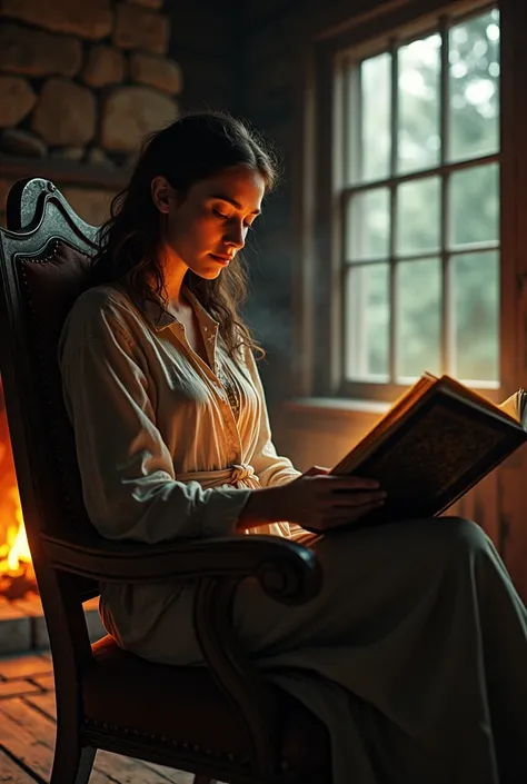 A woman sitting on an old chair in a mountain cabin reading the book The Silmarillion