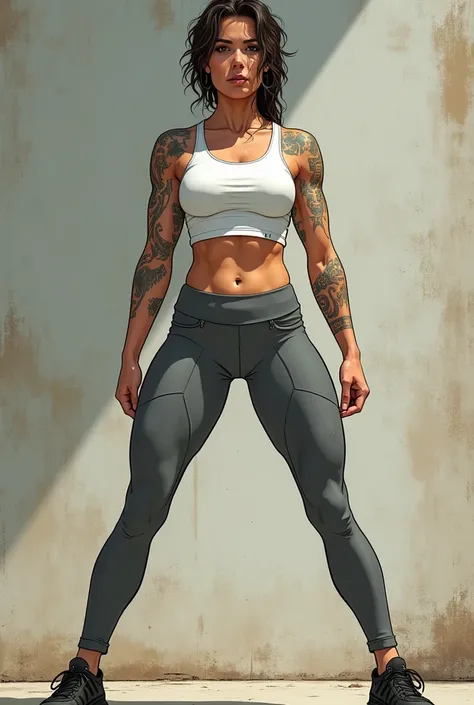 gym Girl, Tight White t-shirt, grey Tight leggins, sport Shoes, 45 years, leggins with marks, Tanned skin, Thin Body, sexy pose, spreed legs, manga photo, Wide, muscular, Marking hard, tattoos, 16:9 ratio, slut