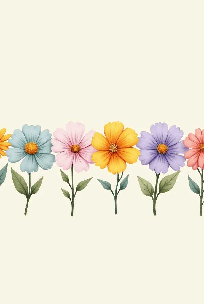 Close-up of various small flowers of different sizes pastel colors, light blue, yellow, lilac, orange, pink, lined up in a row, in digital illustration style, hand drawn illustration, stylized digital illustration, neat, fine art illustration, matte digita...