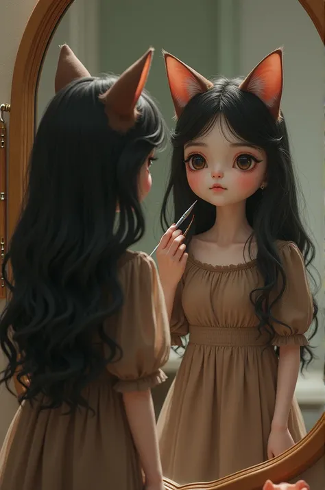 Made cat with girls face and girl black hairs on head with wearing brown frock and standing infront of dressing mirror makeup is on dressing 