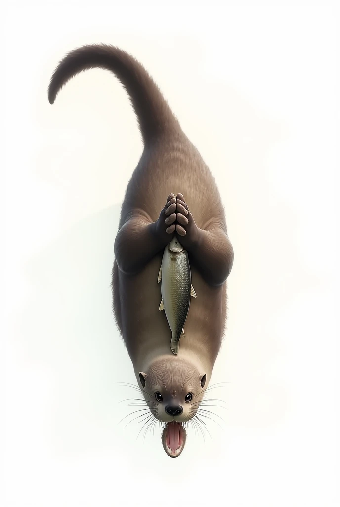 otter as if it were swimming face up in the water and with its tail stretched out and of normal average weight looking towards the camera, that is, facing forward, holding a fish as if it were praying with both hands, realistic straight stop with white bac...