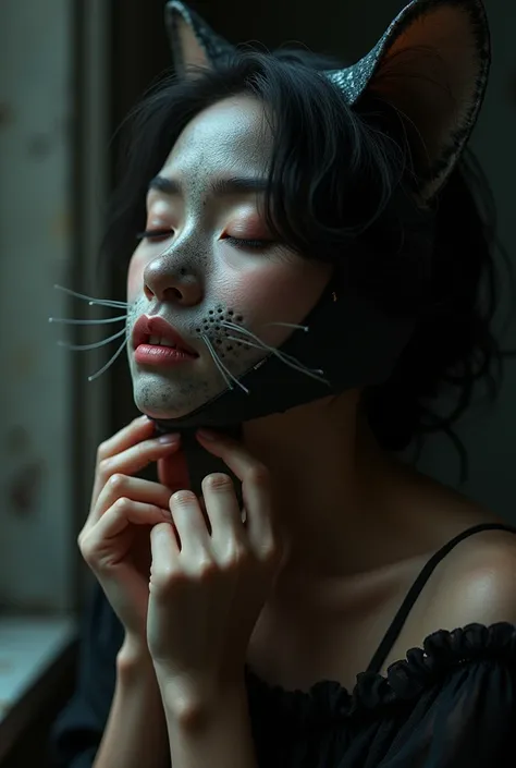 Jeune femme arrachant le masque en latex de son visage, révélant son véritable visage de chat