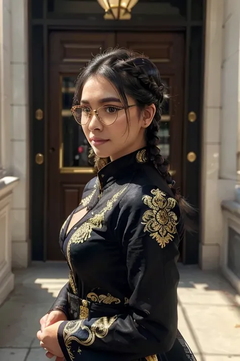 (A woman:1.5), (wearing long sleeve (black kebaya:1.2) with detailed gold batik ornament, classical glasses), (elegant pose:1.4) in the morning city, beautiful detailed eyes, grey blue eyes, beautiful face with flawless make-up, peaceful smiles, ((white ha...