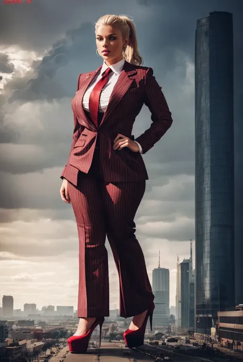 a group of beautiful women with thoughtful eyes, a striking nose, and full luscious lips, wearing a grey pinstriped trouser suit, white shirt, and large red paisley necktie, with a blonde ponytail, red lips, and massive curvy figure in a crimson pinstriped...