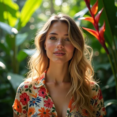 a white woman, seed copy, based on seed, like seed, copy seed, in a lush tropical garden, wearing an open shirt with a floral print, with a close-up capturing the harmonious beauty, showing off your natural charm and outgoing personality.