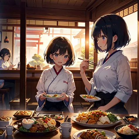 Two  girls sitting in a traditional Japanese diner, eating a giant katsudon. The scene captures their excitement and amazement at the size of the dish. The atmosphere is cozy, with warm lighting and a homely feel. The girls are wearing casual clothes, and ...