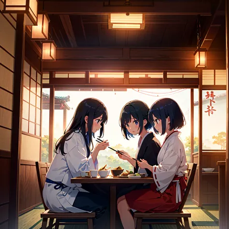 Two  girls sitting in a traditional Japanese diner, eating a giant katsudon. The scene captures their excitement and amazement at the size of the dish. The atmosphere is cozy, with warm lighting and a homely feel. The girls are wearing casual clothes, and ...