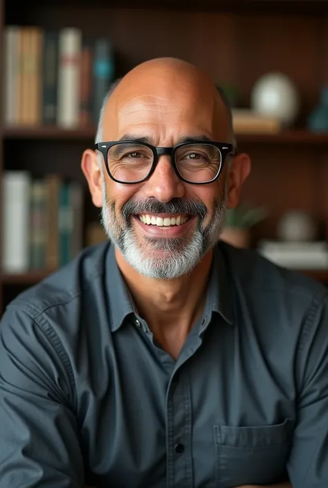 Create a man 40 years old, Latin, with glasses, bald, artistic hyperrealistic photographic, smiling, in an office environment. 