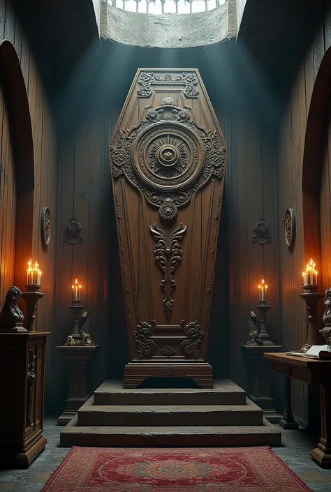 Regular wooden fantasy room with lay Big coffin