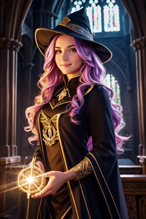 a magic student with tight clothes in a castle like Hogwarts with a magic wand in her hand the glowing, colorful hair, very long hair, wavy hair, colorful eyes, Sparkly Eyes, Creolen, Make-up, Open mouth, Seductive smile, verbal invitation, wizard hat, fut...