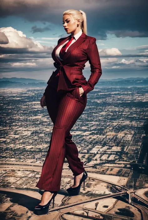 a group of beautiful women with thoughtful eyes, a striking nose, and full luscious lips, wearing a crimson pinstriped trouser suit, white shirt, and large blue paisley necktie, with a blonde ponytail, red lips, and massive curvy figure in a crimson pinstr...