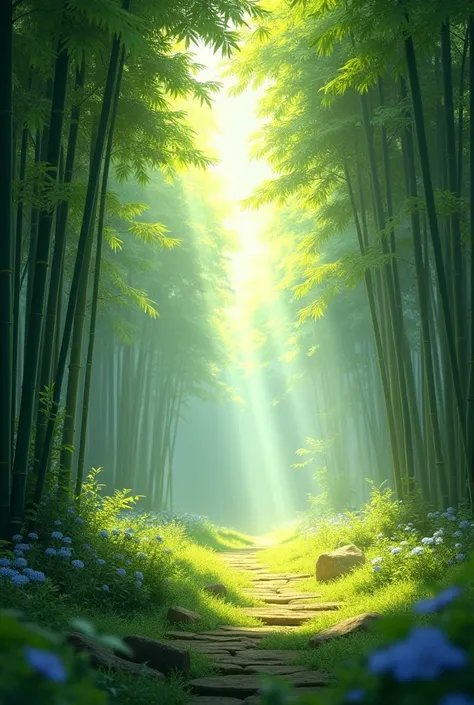 an open forest of trees and bamboo where the sun shines through the leaves
