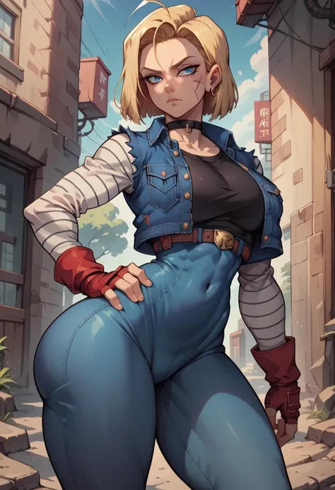 Android 18 DBZ, choker, 1 girl, standing alone, looking ahead at viewer, blue colored eyes, scar on the face, red gloves, scar on cheek, antenna hair, hand on hip, black choker, hair blonde, gloves fingerless, shorth hair, tummy, (((standing backwards))), ...