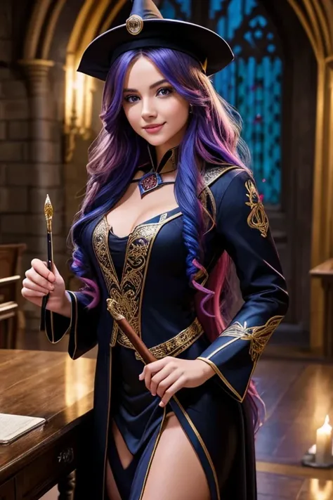 a magic student with tight clothes in a castle like Hogwarts with a magic wand in her hand , colorful hair, very long hair, wavy hair, colorful eyes, Sparkly Eyes, Creolen, Make-up, Open mouth, Seductive smile, verbal invitation, wizard hat, futurism, INTE...