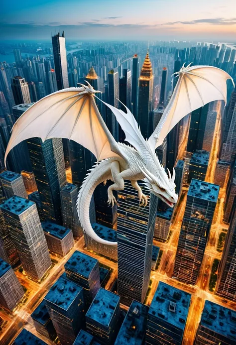 masterpiece, best quality,  a white winged dragon, flying over a city skyscrapers,  illustration, 