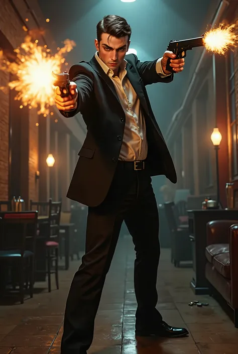 (best illumination, high contrast, sharp details), (a person:1.2+male) mobster, black suit and tie, white shirt, black slacks, black polished shoes, standing, dynamic action pose, holding dual pistols, Beretta 92, muzzle flash, shell casings, gunsmoke, bul...