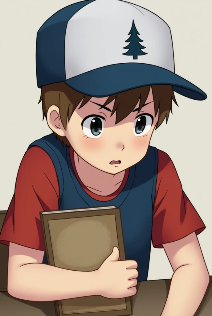 Create an image of a young boy wearing a blue and white baseball cap with a pine tree symbol on it. He has short brown hair, and he is wearing a blue vest over a red t-shirt. The boy is holding a journal in one hand, with a curious and thoughtful expressio...