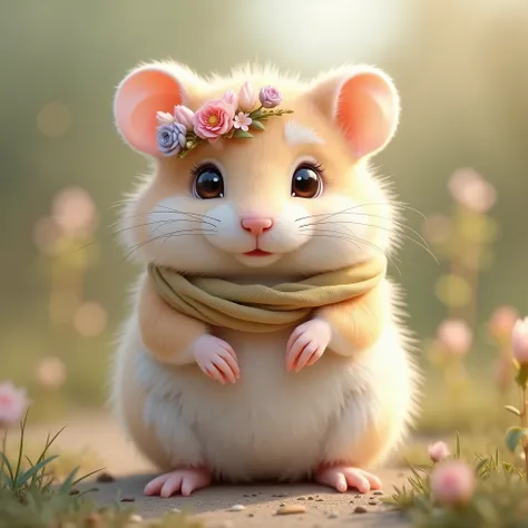 a big fluffy hamster,Flower hairpin,Pastel colored scarves,A kind expression, extremely detailed and realistic hamster, extremely detailed fur texture, high quality, ultra detailed, 4K, 8k, photorealistic, extremely detailed eyes, extremely detailed nose a...