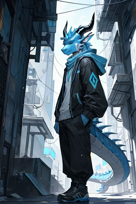 dark blue dragon, Only two dragon horns on the head,Dragon horn facing back,age18,wearing Science Fiction Style light blue a hooded sweatshirt,wearing a pale blue scarf, extremely detailed, high quality, intricate details, photorealistic, cinematic lightin...