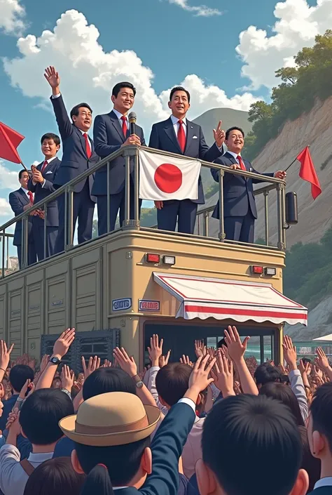 a group of people standing on top of a truck, a picture, by Itō Seiu, trending in japan, presidental elections candidates, [ realistic photo ]!!, elegant shot, 2 0 2 3, japan shonan enoshima,  post, oda non, decorated, speech, sky!, kaiju-eiga, beaten, in ...