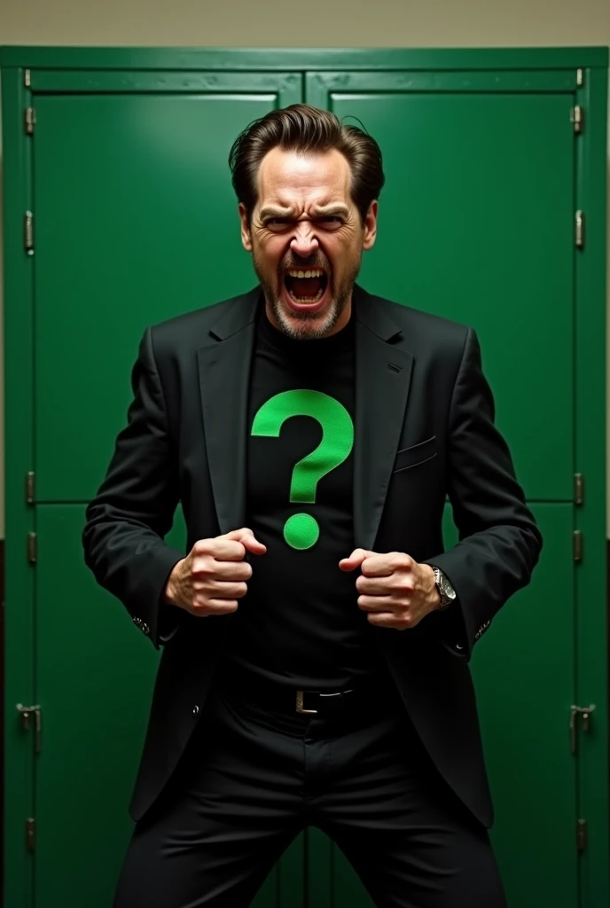 furious and uncontrollable Jim Carrey wearing a green question marked and black suit at a green metallic cabinet realistic serious image