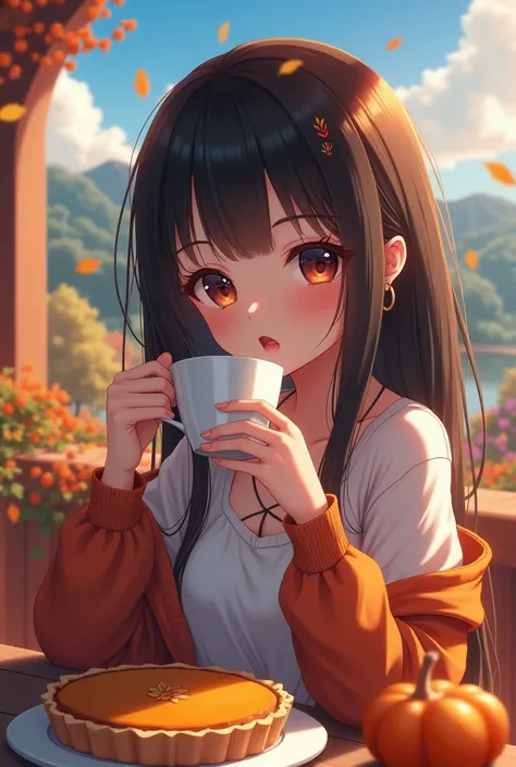 a cute anime girl, beautiful detailed eyes, beautiful detailed lips, extremely detailed eyes and face, long eyelashes, holding a cup of coffee, pumpkin pie on the table, fantasy landscape background, magical effect, vibrant colors, dynamic lighting, digita...