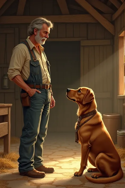 imagine on the farm, in the farm barn, a farmer and his caramel dog as if they were talking