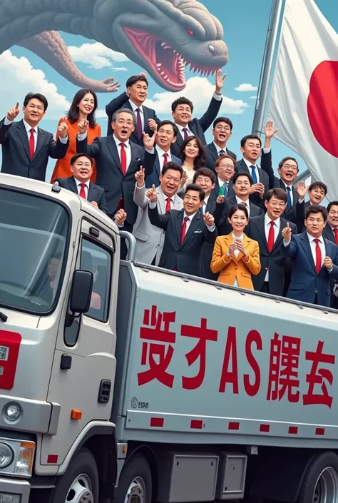 a group of people standing on top of a truck, a picture, by Itō Seiu, trending in japan, presidental elections candidates, [ realistic photo ]!!, elegant shot, 2 0 2 3, japan shonan enoshima, post, oda non, decorated, speech, sky!, kaiju-eiga, beaten, in h...