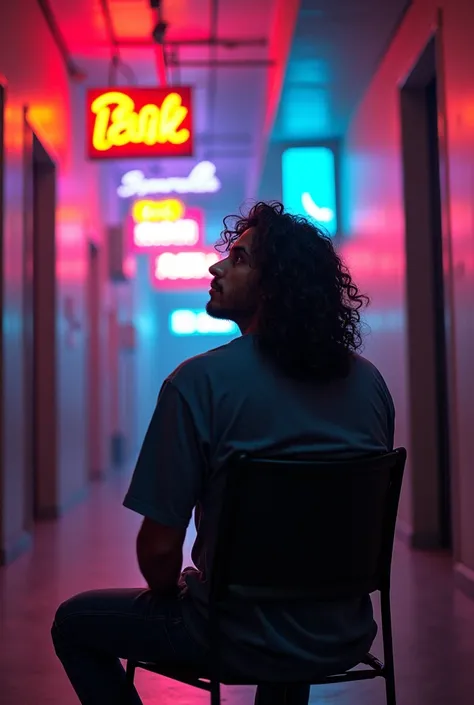 Young man with long curly hair looking up, brown skin latino, sitting in a chair at the end of a hallway with his back to the wall with neon signs all around him and neon colors melting around his body 