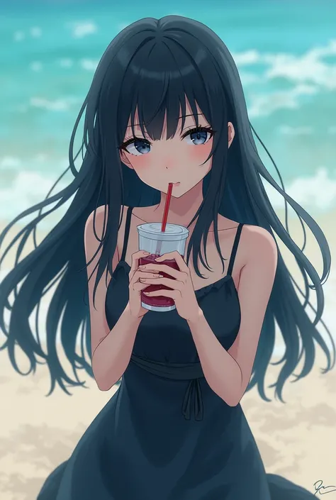 A girl with white skin and long black hair,with a serious expression, with onyx-colored eyes, a mole under the left eye, on the beach with a bikini having a soft drink, Anime style