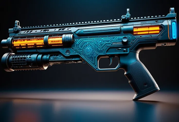 an exceptionally detailed and vibrant futuristic cyberpunk rifle in stunning 4k resolution, showcasing intricate mechanical part...