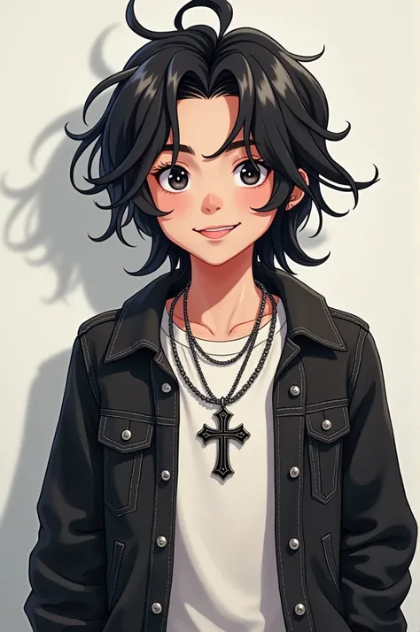 Boy with long black hair in white t-shirt with black denim jacket with cross chain smiling