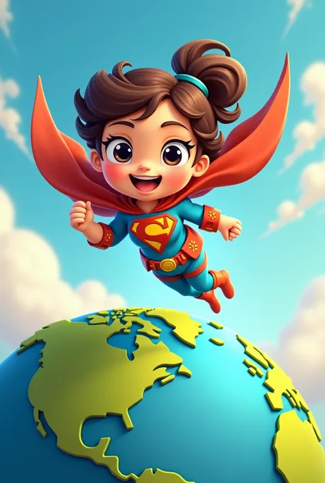  Cartoon of a girl in a superhero costume with the letter L on her chest FLYING over the earth

