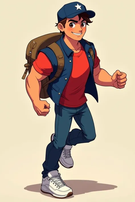 Create an image of a young man with an athletic and dynamic appearance. He must have dark brown hair, short and slightly messy, and wear a navy blue cap with a white star on the front. The young man wears a red t-shirt under a navy blue vest, combined with...