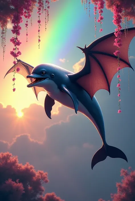 Demonic dolphin with bat wings flying in a rainbow with flower rain 