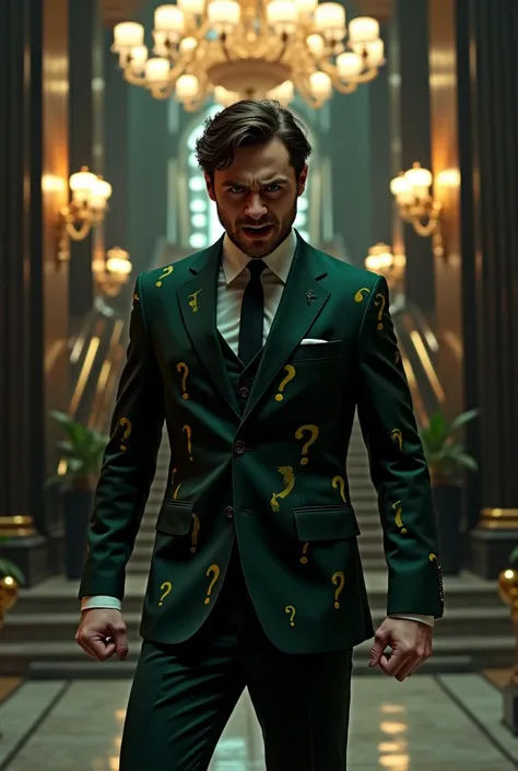 furious and uncontrollable Daniel Radcliffe wearing a black and green questions marks printed in his suit at a black and silver hotel hall realistic serious image