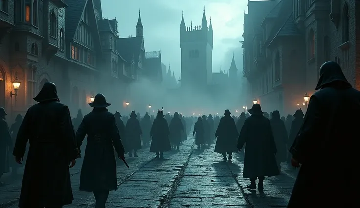 many vampires and many bandits assaulting civilians in a medieval town, medieval buildings, detailed nocturnal gothic architecture, dynamic action scene, cinematic lighting, dramatic shadows, moody colour palette, chiaroscuro, gritty realism, detailed text...