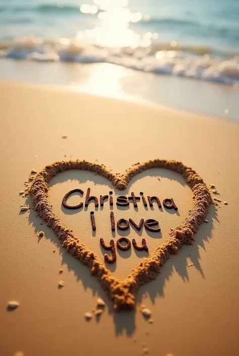 Heart with the inscription Christina I love you made of sand on the beach 