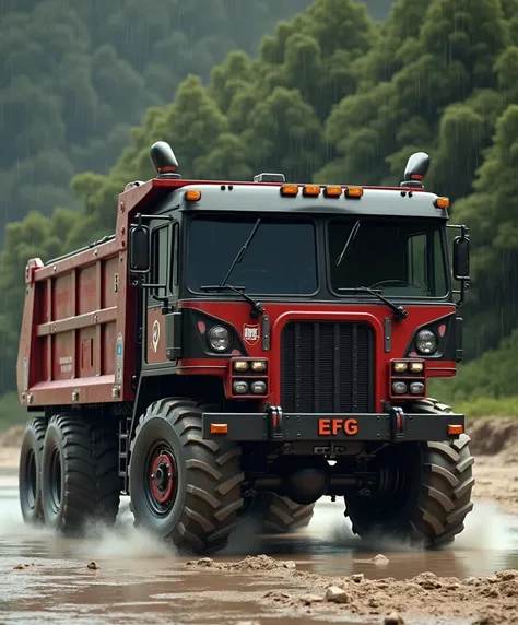 (high quality image, High Definition, 16k, realistic photo) SIDE VIEW OF A ford 8000 TYPE DUMP TRUCK, with the characteristics of a truck, aggressive, powerful. The truck is RED WITH DESINGS, big grill, with the acronym "EFG" on the grill, ON THE beach, su...