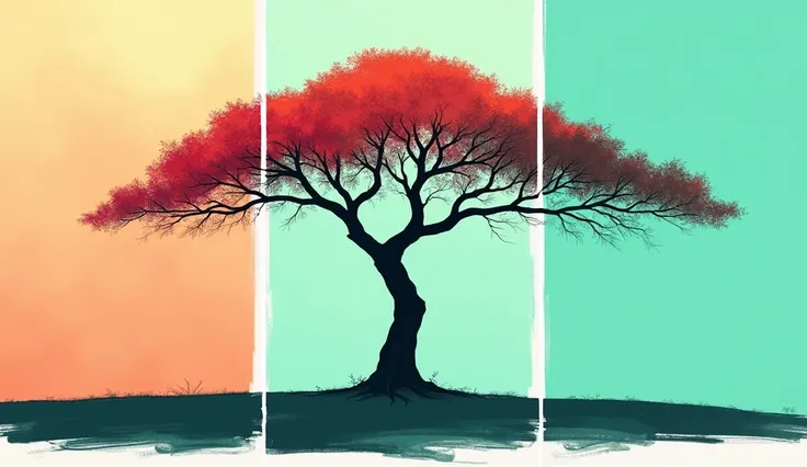 "Depict a large, long, straight tree with large branches extending across three connected panels. The first two panels have a spring season gradient background, while the last panel transitions to a turquoise sky. The trees leaves are red and green, and th...