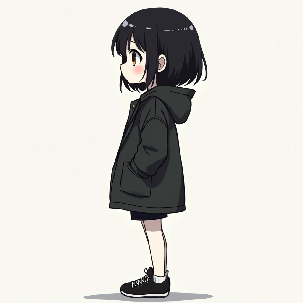 A big head style female anime character.  big coat big shorts black sneakers white skin black eyes big black hair looking forward profile picture 