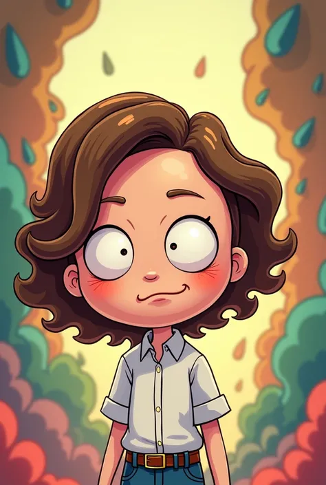 A chibi in a white blouse, with brown hair, in the cartoon style rick and morty, 2d