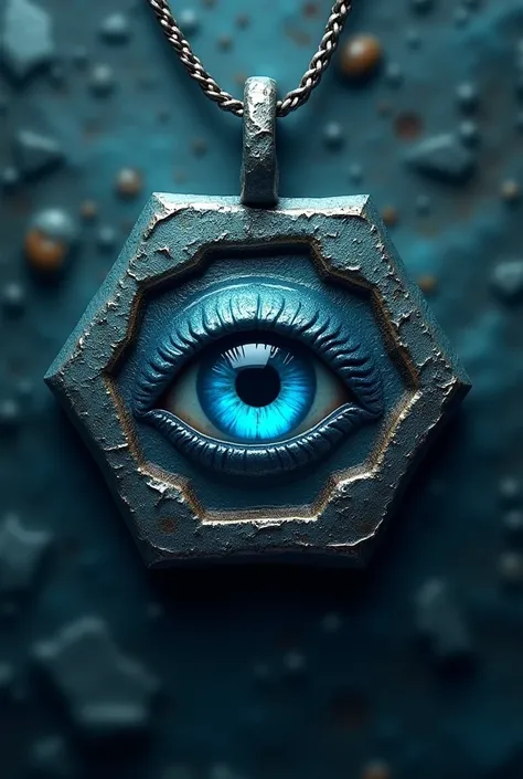 an amulet that is in shape of a hexagon and has a blue horizontal pupil , with a black iris, sea creature type eye in the center