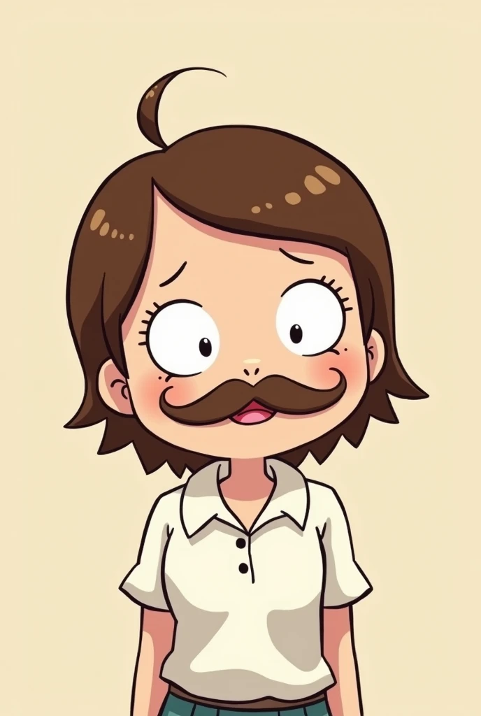 A chibi in a white blouse, with short brown hair and a mustach, in the cartoon style rick and morty, 2d
