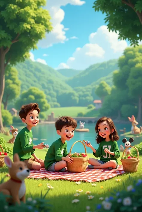 Students dressed in green and white sweatshirt boys and girls on a picnic Disney style animated image 