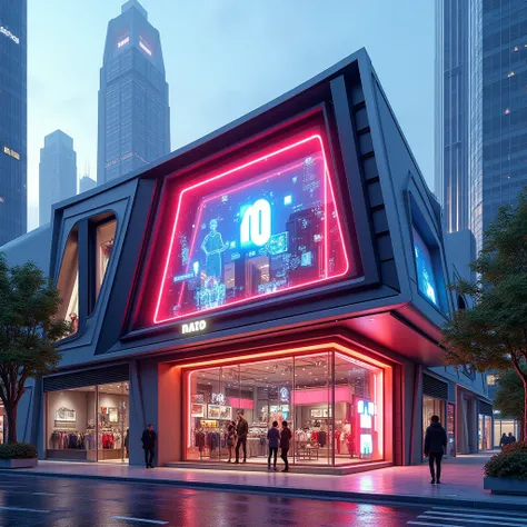 architecture futuristic store facade vibrant colors 